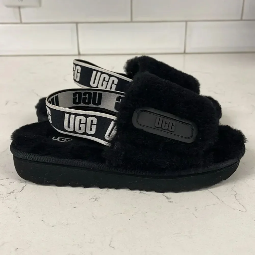 UGG Disco Slide Kids Black Fluffy Sandals - Slippers Size 13